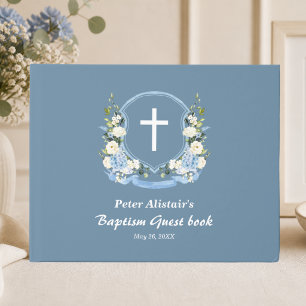 Dusty Blue White Cross Floral Crest Baptism Guest Book