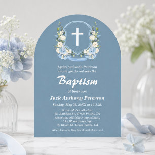 Dusty Blue White Cross Floral Crest Baptism  Invitation
