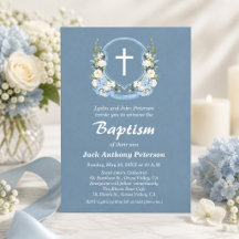 Dusty Blue White Cross Floral Crest Baptism 