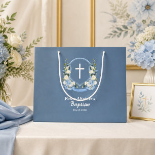 Dusty Blue White Cross Floral Crest Baptism Large Gift Bag