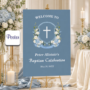 Dusty Blue White Cross Floral Crest Baptism Poster