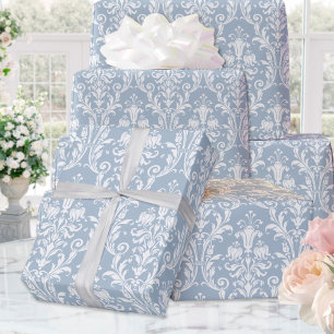 Dusty Blue White Damask Elegant Wedding Wrapping Paper