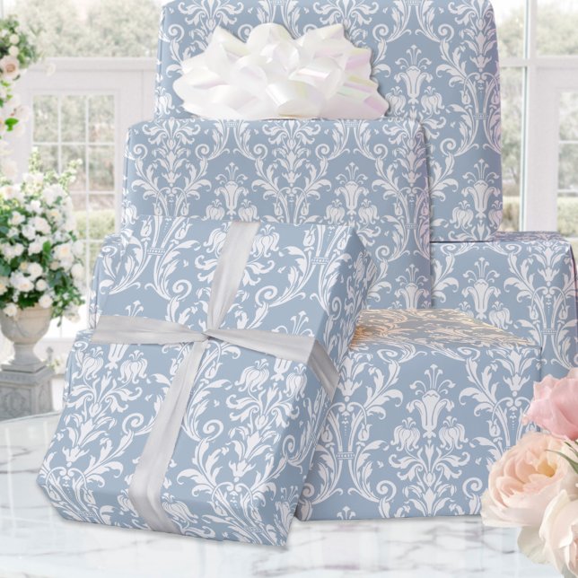 Dusty Blue White Damask Elegant Wedding Wrapping Paper (Creator Uploaded)
