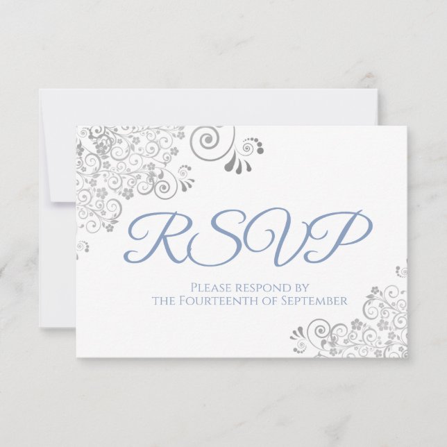 Dusty Blue & White Elegant Silver Lace Wedding RSVP Card (Front)