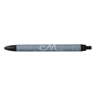 Dusty Blue White Elegant Wedding Monogram Black Ink Pen