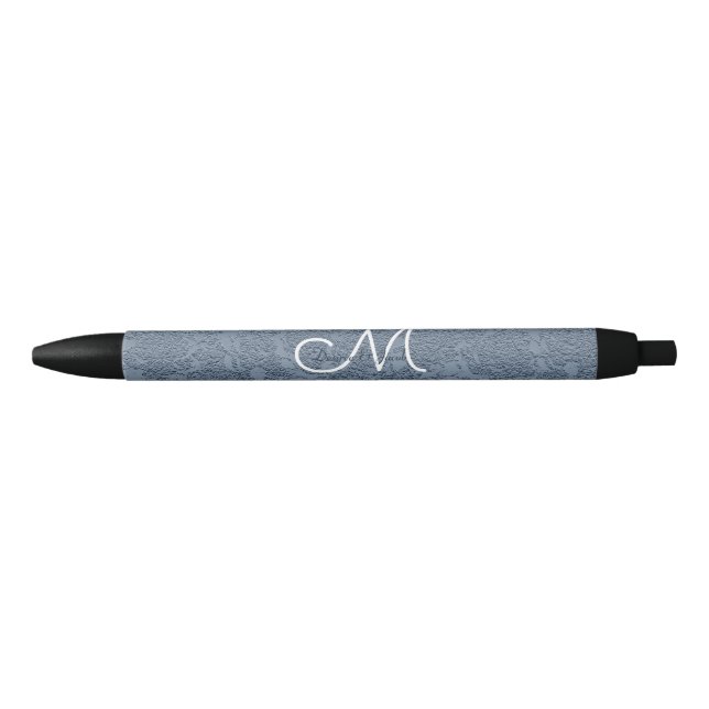 Dusty Blue White Elegant Wedding Monogram Black Ink Pen (Front)