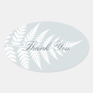 Dusty Blue White Fern Elegant Thank You Oval Sticker