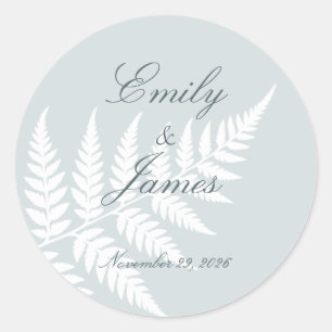 Dusty Blue White Fern Elegant Wedding Classic Round Sticker