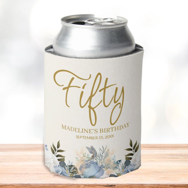 Dusty Blue White Floral 50th Birthday Name Can Cooler (Fifty 50th birthday party can cooler)
