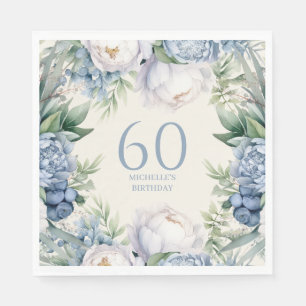 Dusty Blue White Floral 60th Birthday Napkin