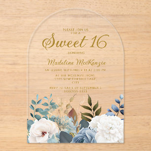 Dusty Blue White Floral Arch Sweet 16  Acrylic Invitations