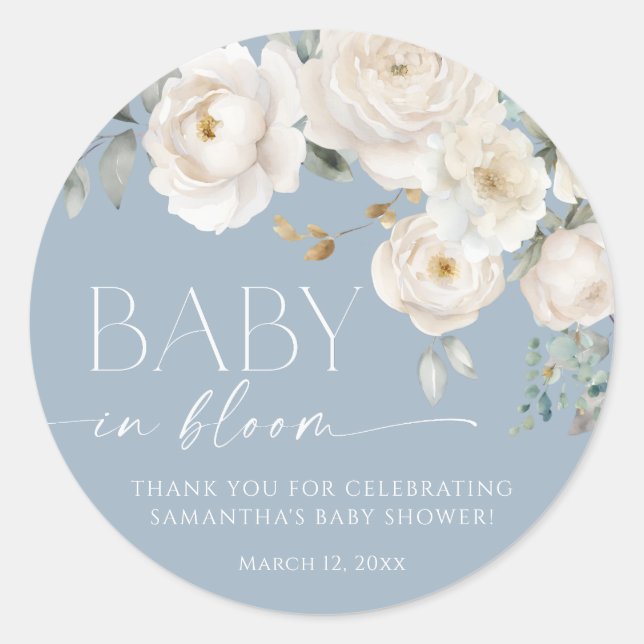 Dusty blue white floral baby in bloom boy shower classic round sticker (Front)