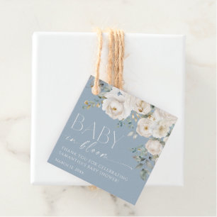 Dusty blue white floral baby in bloom boy shower favour tags