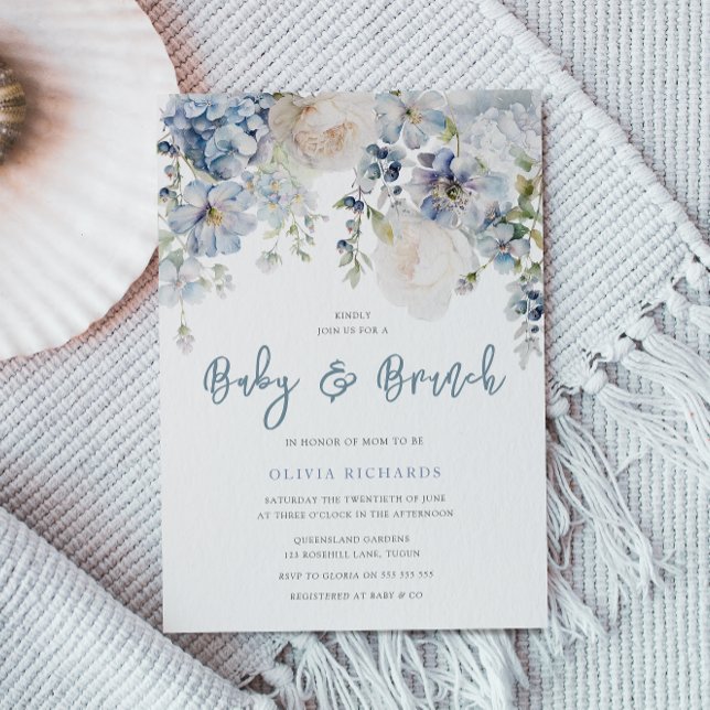 Dusty Blue & White Floral Baby Shower Brunch Invitation (Creator Uploaded)