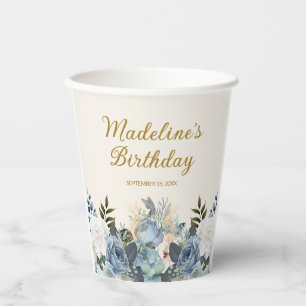 Dusty Blue White Floral Birthday Name Paper Cups
