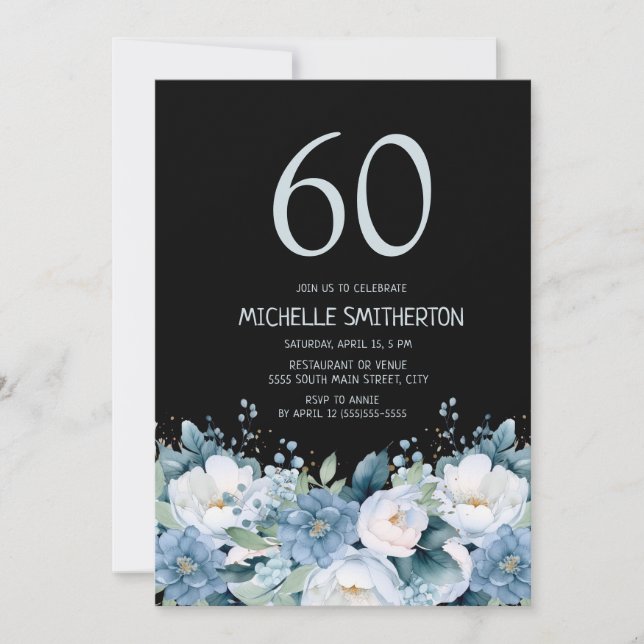 Dusty Blue White Floral Black 60th Birthday Invitation (Front)
