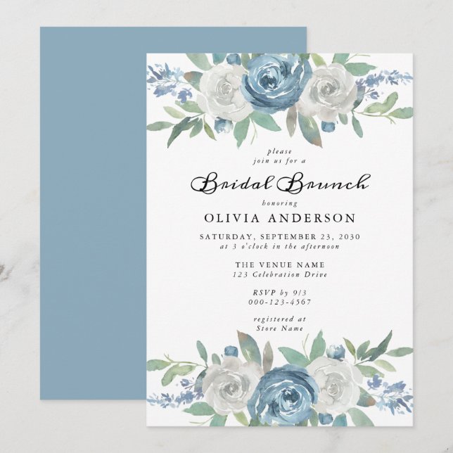 Dusty Blue & White Floral Bridal Brunch Invitation (Front/Back)