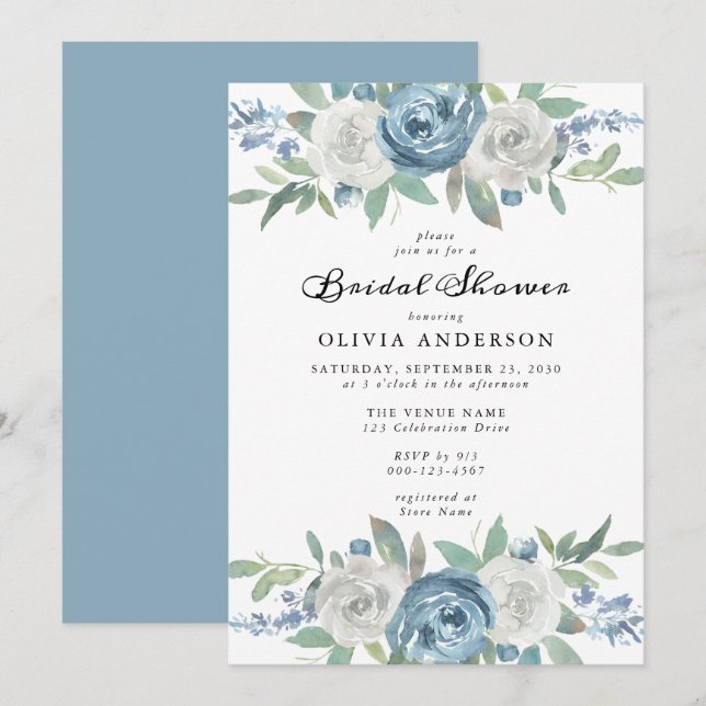 Dusty Blue & White Floral Bridal Shower Invitation (Front/Back)