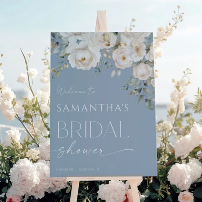 Dusty blue white floral bridal shower welcome poster (Creator Uploaded)