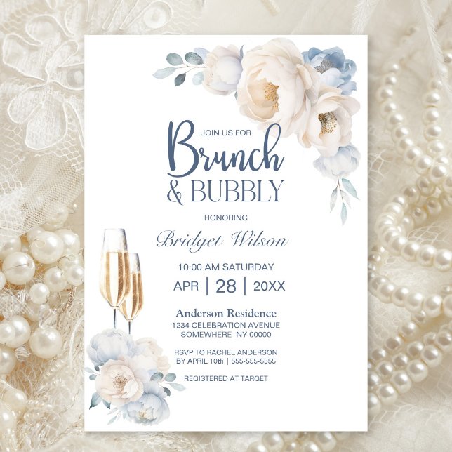 Dusty Blue White Floral Brunch and Bubbly Invitation (Creator Uploaded)