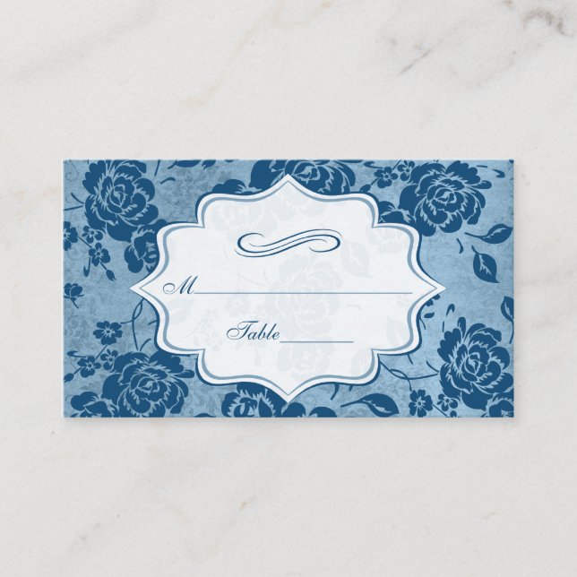 Dusty Blue, White Floral Damask Place Cards (Front)