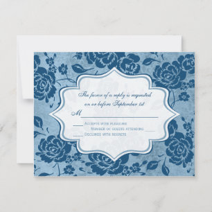Dusty Blue, White Floral Damask Wedding RSVP Card
