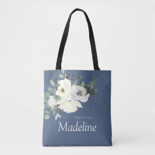 Dusty Blue & White Floral- Dusty Blue Tote Bag