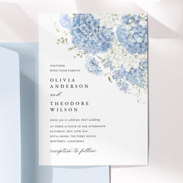 Dusty Blue White Floral Elegant Wedding Invitation (Dusty blue white floral wedding invitation, watercolor hydrangea, elegant minimalist flat lay)