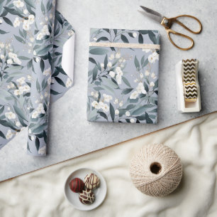 Dusty Blue White Floral Eucalyptus  Wrapping Paper