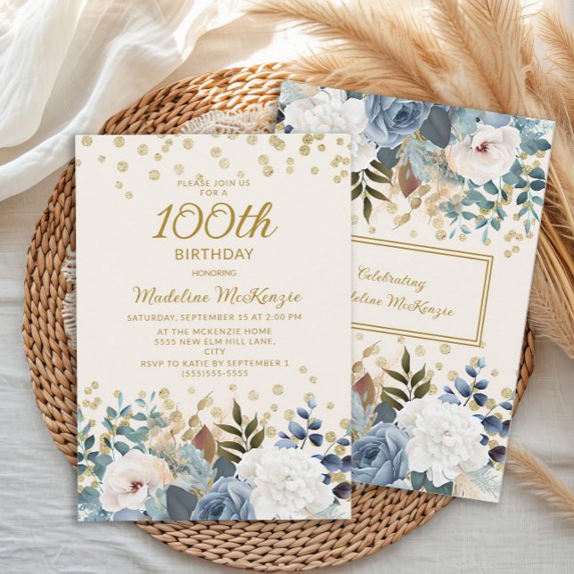 Dusty Blue White Floral Gold 100th Birthday Invitation (Creator Uploaded)