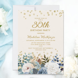 Dusty Blue White Floral Gold 30th Birthday Invitation