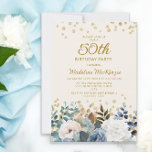 Dusty Blue White Floral Gold 50th Birthday Invitation<br><div class="desc">Elegant dusty blue and white roses,  floral,  and greenery women's 50th birthday party invitation with gold glitter. This invitation is printed on both sides. Contact me for assistance with your customisations or to request additional matching or coordinating Zazzle products for your party.</div>