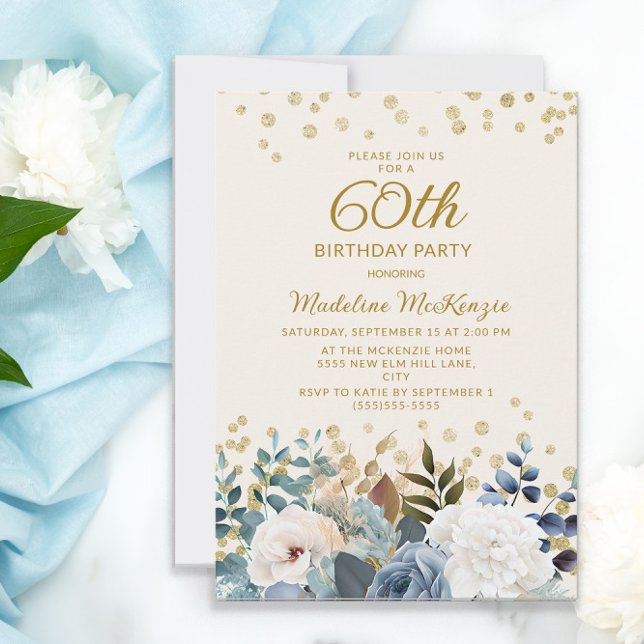 Dusty Blue White Floral Gold 60th Birthday Invitation (Creator Uploaded)
