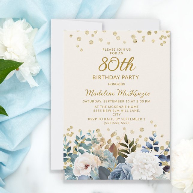 Dusty Blue White Floral Gold 80th Birthday Invitation (Creator Uploaded)