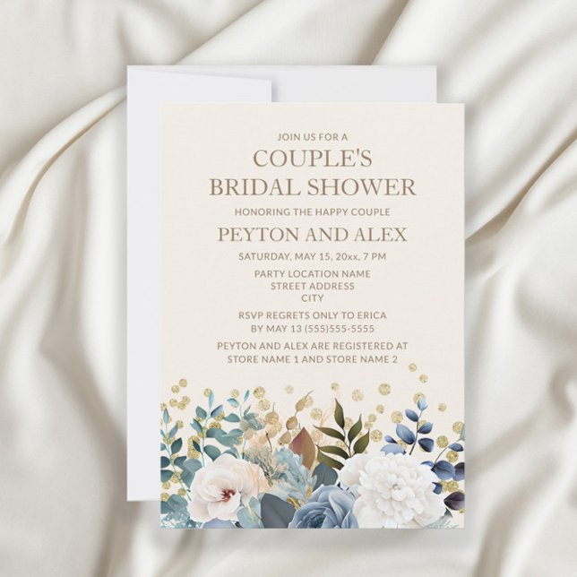 Dusty Blue White Floral Gold Couples Bridal Showe Invitation (Creator Uploaded)