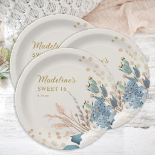 Dusty Blue White Floral Gold Glitter Sweet 16   Paper Plate