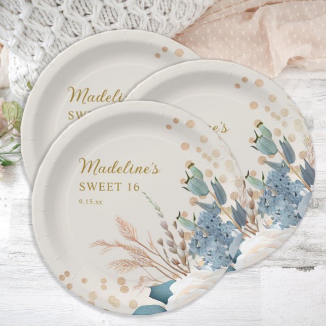 Dusty Blue White Floral Gold Glitter Sweet 16   Paper Plate (Creator Uploaded)