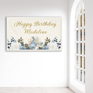 Dusty Blue White Floral Gold Happy Birthday Name Banner