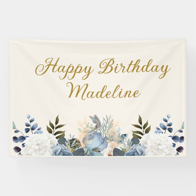Dusty Blue White Floral Gold Happy Birthday Name Banner (Horizontal)