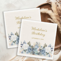 Dusty Blue White Floral Gold Happy Birthday Name 