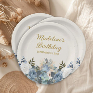 Dusty Blue White Floral Gold Happy Birthday Name Paper Plate
