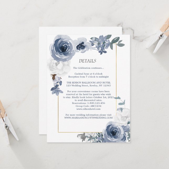 Dusty Blue White Floral Gold Wedding Details Invitation (Front/Back In Situ)