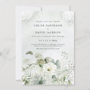 Dusty Blue & White Floral Greenery Rustic Wedding  Invitation
