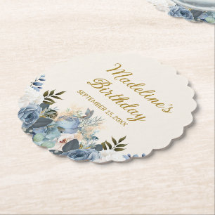Dusty Blue White Floral Happy Birthday Name Paper Coaster