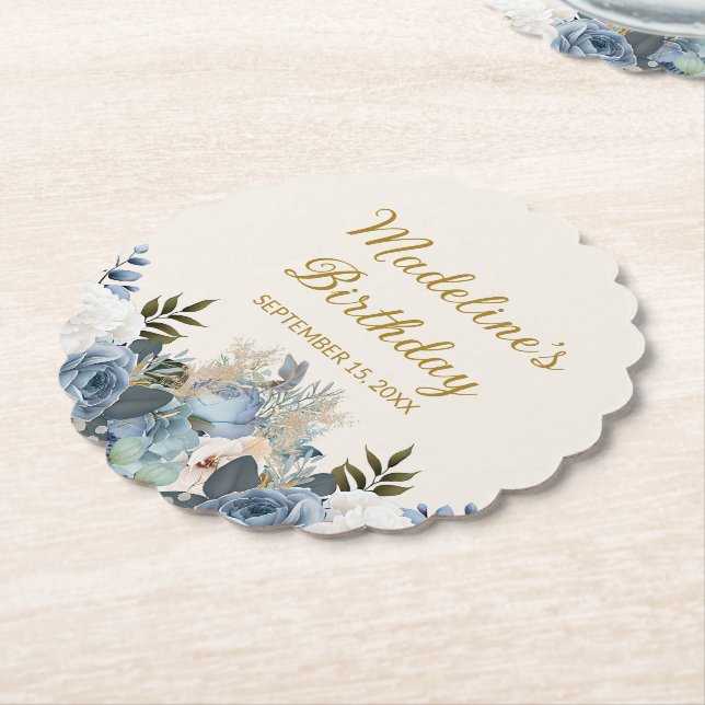 Dusty Blue White Floral Happy Birthday Name  Paper Coaster (Angled)