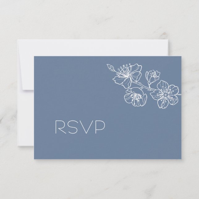  Dusty Blue White Floral Line Art RSVP Card (Back)