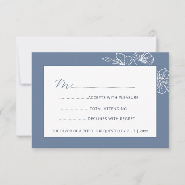  Dusty Blue White Floral Line Art RSVP Card (Front)