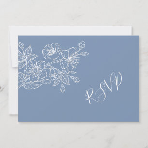Dusty Blue White Floral Line Art RSVP Invitation