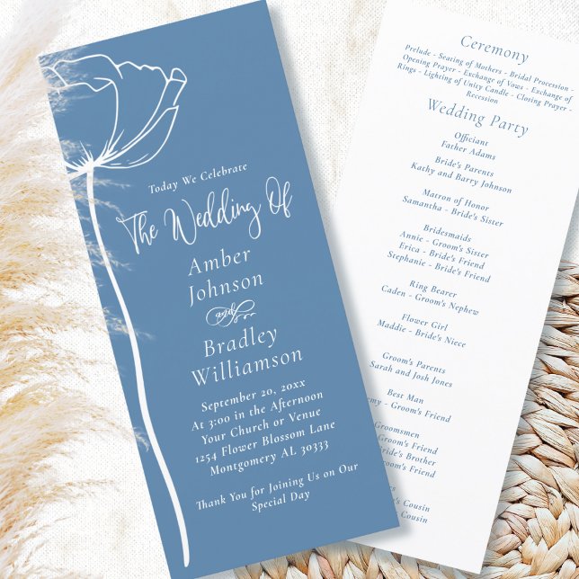 Dusty Blue White Floral Modern Minimal Wedding  Program (Creator Uploaded)