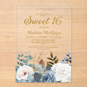 Dusty Blue White Floral Sweet 16  Acrylic Invitations
